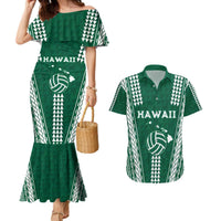 Polynesian Hawaii Volleyball Custom Couples Matching Mermaid Dress and Hawaiian Shirt Green Kakau with Map Motif LT9 Green - Polynesian Pride
