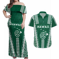 Polynesian Hawaii Volleyball Custom Couples Matching Off Shoulder Maxi Dress and Hawaiian Shirt Green Kakau with Map Motif LT9 Green - Polynesian Pride