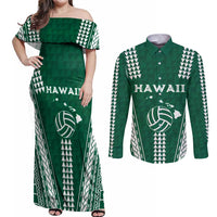 Polynesian Hawaii Volleyball Custom Couples Matching Off Shoulder Maxi Dress and Long Sleeve Button Shirt Green Kakau with Map Motif LT9 Green - Polynesian Pride