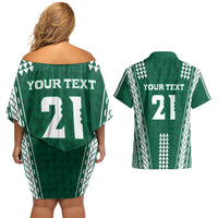 Polynesian Hawaii Volleyball Custom Couples Matching Off Shoulder Short Dress and Hawaiian Shirt Green Kakau with Map Motif LT9 - Polynesian Pride