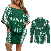 Polynesian Hawaii Volleyball Custom Couples Matching Off Shoulder Short Dress and Long Sleeve Button Shirt Green Kakau with Map Motif LT9 Green - Polynesian Pride