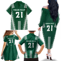 Polynesian Hawaii Volleyball Custom Family Matching Off The Shoulder Long Sleeve Dress and Hawaiian Shirt Green Kakau with Map Motif LT9 - Polynesian Pride