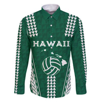 Polynesian Hawaii Volleyball Custom Family Matching Off The Shoulder Long Sleeve Dress and Hawaiian Shirt Green Kakau with Map Motif LT9 Dad's Shirt - Long Sleeve Green - Polynesian Pride