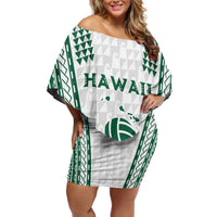 Polynesian Hawaii Volleyball Custom Family Matching Off Shoulder Short Dress and Hawaiian Shirt White Kakau with Map Motif LT9 Mom's Dress White - Polynesian Pride