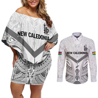 New Caledonia Football Custom Couples Matching Off Shoulder Short Dress and Long Sleeve Button Shirt Go Champions Les Cagous LT9 White - Polynesian Pride