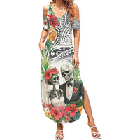 Skeleton Love for Valentines Day Family Matching Summer Maxi Dress and Hawaiian Shirt Polynesian Tribal Love Forever LT9 Mom's Dress White - Polynesian Pride