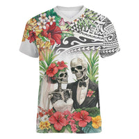 Skeleton Love for Valentines Day Women V-Neck T-Shirt Polynesian Tribal Love Forever LT9 Female White - Polynesian Pride