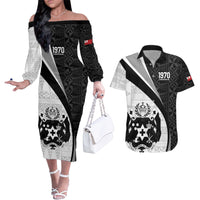 Personalised Tonga Emancipation Day Couples Matching Off The Shoulder Long Sleeve Dress and Hawaiian Shirt Since 1970 Ngatu Tribal Pattern LT9 Black - Polynesian Pride