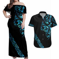All Black Maori Tribal Tattoo Personalised Couples Matching Off Shoulder Maxi Dress and Hawaiian Shirt Polynesian Style LT9 Black - Polynesian Pride