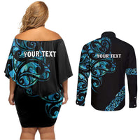 All Black Maori Tribal Tattoo Personalised Couples Matching Off Shoulder Short Dress and Long Sleeve Button Shirt Polynesian Style LT9 - Polynesian Pride