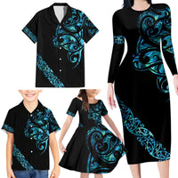 All Black Maori Tribal Tattoo Personalised Family Matching Long Sleeve Bodycon Dress and Hawaiian Shirt Polynesian Style LT9 - Polynesian Pride