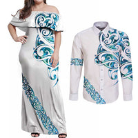 All White Maori Tribal Tattoo Personalised Couples Matching Off Shoulder Maxi Dress and Long Sleeve Button Shirt Polynesian Style LT9 White - Polynesian Pride