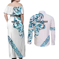 All White Maori Tribal Tattoo Personalised Couples Matching Off Shoulder Maxi Dress and Long Sleeve Button Shirt Polynesian Style LT9 - Polynesian Pride