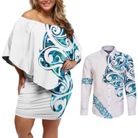 All White Maori Tribal Tattoo Personalised Couples Matching Off Shoulder Short Dress and Long Sleeve Button Shirt Polynesian Style LT9 White - Polynesian Pride