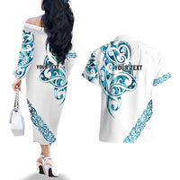 All White Maori Tribal Tattoo Personalised Couples Matching Off The Shoulder Long Sleeve Dress and Hawaiian Shirt Polynesian Style LT9 - Polynesian Pride