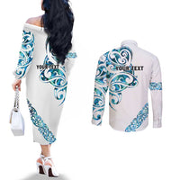 All White Maori Tribal Tattoo Personalised Couples Matching Off The Shoulder Long Sleeve Dress and Long Sleeve Button Shirt Polynesian Style LT9 - Polynesian Pride