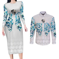 Queensland Maori Kiwi Personalised Couples Matching Long Sleeve Bodycon Dress and Long Sleeve Button Shirt Ma Kakariki Papua Shell Maori Tribal Tattoo LT9 White - Polynesian Pride