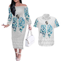 Queensland Maori Kiwi Personalised Couples Matching Off The Shoulder Long Sleeve Dress and Hawaiian Shirt Ma Kakariki Papua Shell Maori Tribal Tattoo LT9 White - Polynesian Pride