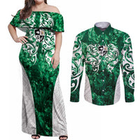 Queensland Maori Kiwi Personalised Couples Matching Off Shoulder Maxi Dress and Long Sleeve Button Shirt Kikirangi Papua Shell Maori Tribal Tattoo LT9 Green - Polynesian Pride