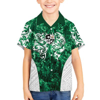 Queensland Maori Kiwi Personalised Family Matching Off The Shoulder Long Sleeve Dress and Hawaiian Shirt Kikirangi Papua Shell Maori Tribal Tattoo LT9 Son's Shirt Green - Polynesian Pride