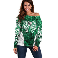 Queensland Maori Kiwi Personalised Off Shoulder Sweater Kikirangi Papua Shell Maori Tribal Tattoo LT9 Women Green - Polynesian Pride