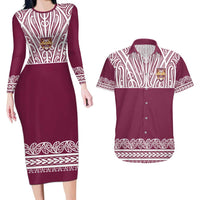Queensland Maori Nga Hau E Wha Custom Couples Matching Long Sleeve Bodycon Dress and Hawaiian Shirt Polynesian Maori Tribal Pattern LT9 Maroon - Polynesian Pride