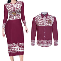 Queensland Maori Nga Hau E Wha Custom Couples Matching Long Sleeve Bodycon Dress and Long Sleeve Button Shirt Polynesian Maori Tribal Pattern LT9 Maroon - Polynesian Pride