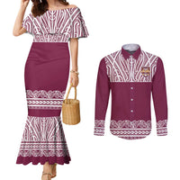 Queensland Maori Nga Hau E Wha Custom Couples Matching Mermaid Dress and Long Sleeve Button Shirt Polynesian Maori Tribal Pattern LT9 Maroon - Polynesian Pride