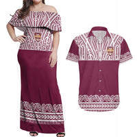 Queensland Maori Nga Hau E Wha Custom Couples Matching Off Shoulder Maxi Dress and Hawaiian Shirt Polynesian Maori Tribal Pattern LT9 Maroon - Polynesian Pride