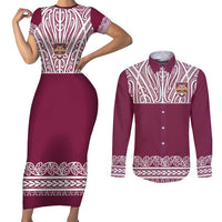 Queensland Maori Nga Hau E Wha Custom Couples Matching Short Sleeve Bodycon Dress and Long Sleeve Button Shirt Polynesian Maori Tribal Pattern LT9 Maroon - Polynesian Pride