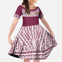 Queensland Maori Nga Hau E Wha Custom Family Matching Off The Shoulder Long Sleeve Dress and Hawaiian Shirt Polynesian Maori Tribal Pattern LT9 Daughter's Dress Maroon - Polynesian Pride
