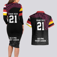 Queensland Papua New Guinea Custom Couples Matching Long Sleeve Bodycon Dress and Hawaiian Shirt All Black Pacific PNG Tribal Style LT9 - Polynesian Pride