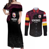 Queensland Papua New Guinea Custom Couples Matching Off Shoulder Maxi Dress and Long Sleeve Button Shirt All Black Pacific PNG Tribal Style LT9 Black - Polynesian Pride