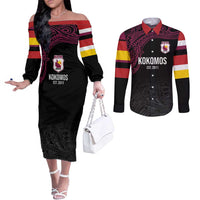Queensland Papua New Guinea Custom Couples Matching Off The Shoulder Long Sleeve Dress and Long Sleeve Button Shirt All Black Pacific PNG Tribal Style LT9 Black - Polynesian Pride