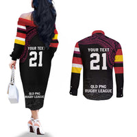 Queensland Papua New Guinea Custom Couples Matching Off The Shoulder Long Sleeve Dress and Long Sleeve Button Shirt All Black Pacific PNG Tribal Style LT9 - Polynesian Pride