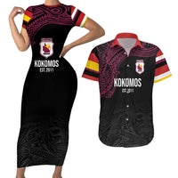 Queensland Papua New Guinea Custom Couples Matching Short Sleeve Bodycon Dress and Hawaiian Shirt All Black Pacific PNG Tribal Style LT9 Black - Polynesian Pride