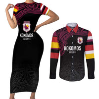 Queensland Papua New Guinea Custom Couples Matching Short Sleeve Bodycon Dress and Long Sleeve Button Shirt All Black Pacific PNG Tribal Style LT9 Black - Polynesian Pride