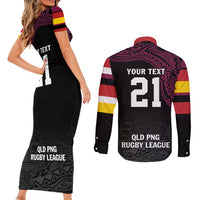 Queensland Papua New Guinea Custom Couples Matching Short Sleeve Bodycon Dress and Long Sleeve Button Shirt All Black Pacific PNG Tribal Style LT9 - Polynesian Pride