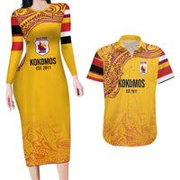 Queensland Papua New Guinea Custom Couples Matching Long Sleeve Bodycon Dress and Hawaiian Shirt All Gold Pacific PNG Tribal Style LT9 Gold - Polynesian Pride
