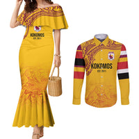 Queensland Papua New Guinea Custom Couples Matching Mermaid Dress and Long Sleeve Button Shirt All Gold Pacific PNG Tribal Style LT9 Gold - Polynesian Pride