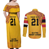Queensland Papua New Guinea Custom Couples Matching Off Shoulder Maxi Dress and Long Sleeve Button Shirt All Gold Pacific PNG Tribal Style LT9 - Polynesian Pride