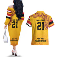Queensland Papua New Guinea Custom Couples Matching Off The Shoulder Long Sleeve Dress and Hawaiian Shirt All Gold Pacific PNG Tribal Style LT9 - Polynesian Pride