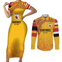 Queensland Papua New Guinea Custom Couples Matching Short Sleeve Bodycon Dress and Long Sleeve Button Shirt All Gold Pacific PNG Tribal Style LT9 Gold - Polynesian Pride