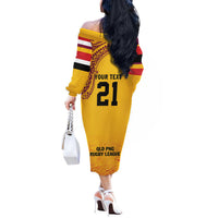 Queensland Papua New Guinea Custom Off The Shoulder Long Sleeve Dress All Gold Pacific PNG Tribal Style LT9 - Polynesian Pride