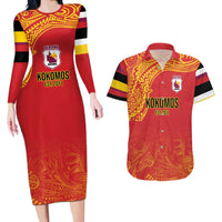 Queensland Papua New Guinea Custom Couples Matching Long Sleeve Bodycon Dress and Hawaiian Shirt All Red Pacific PNG Tribal Style LT9 Red - Polynesian Pride