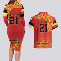 Queensland Papua New Guinea Custom Couples Matching Long Sleeve Bodycon Dress and Hawaiian Shirt All Red Pacific PNG Tribal Style LT9 - Polynesian Pride