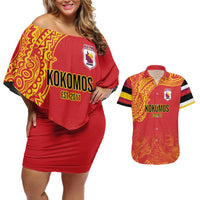 Queensland Papua New Guinea Custom Couples Matching Off Shoulder Short Dress and Hawaiian Shirt All Red Pacific PNG Tribal Style LT9 Red - Polynesian Pride