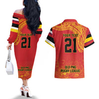 Queensland Papua New Guinea Custom Couples Matching Off The Shoulder Long Sleeve Dress and Hawaiian Shirt All Red Pacific PNG Tribal Style LT9 - Polynesian Pride