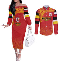 Queensland Papua New Guinea Custom Couples Matching Off The Shoulder Long Sleeve Dress and Long Sleeve Button Shirt All Red Pacific PNG Tribal Style LT9 Red - Polynesian Pride
