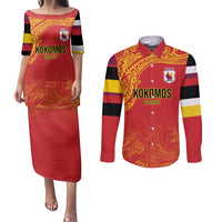 Queensland Papua New Guinea Custom Couples Matching Puletasi and Long Sleeve Button Shirt All Red Pacific PNG Tribal Style LT9 Red - Polynesian Pride